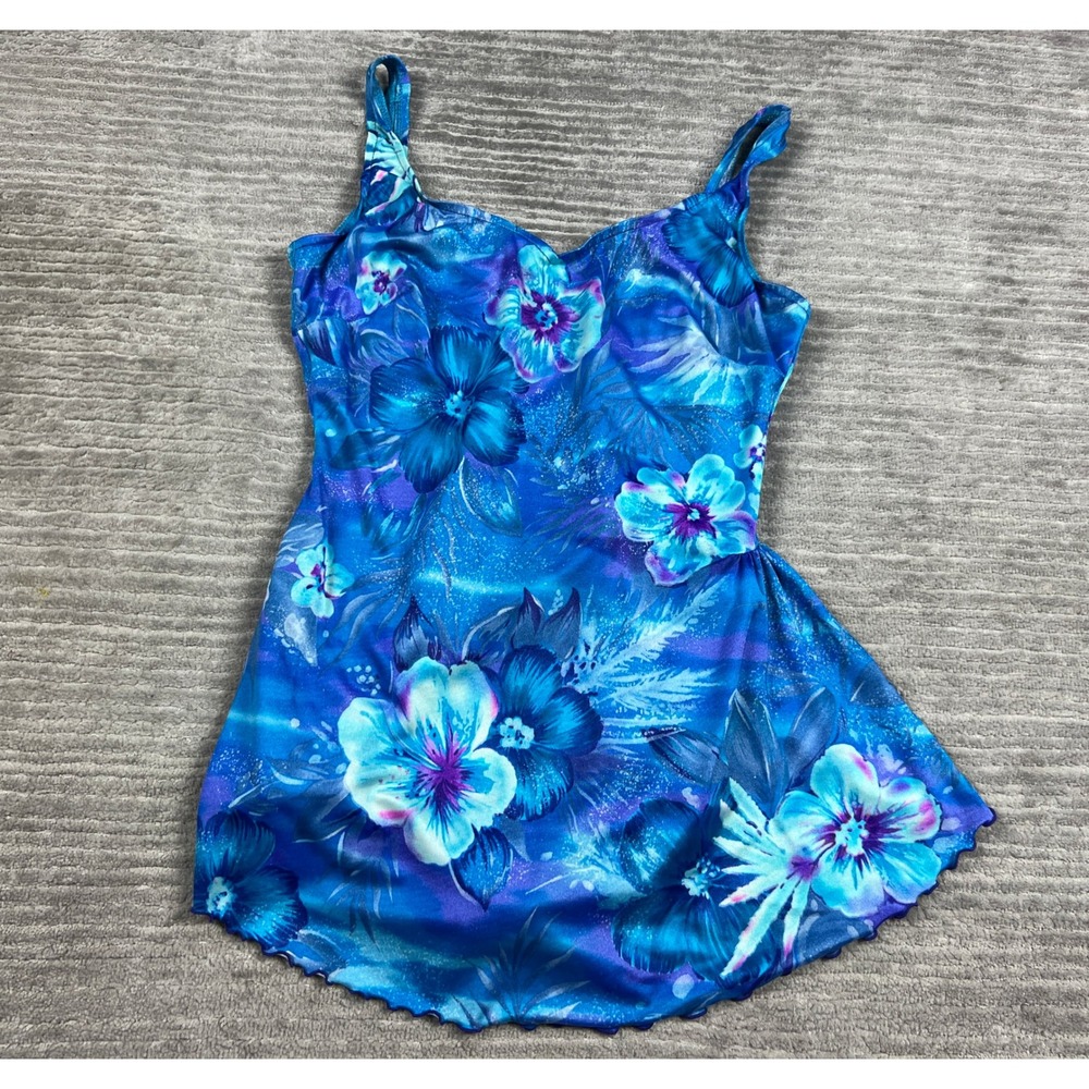 Longitude Swim Dress Womens Blue Purple Floral Glitter One Piece V-Neck Swimsuit